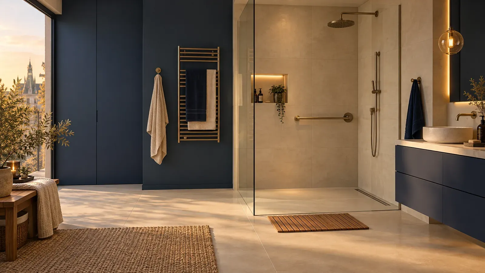 Douche de plain-pied extra-plate, paroi vitrée